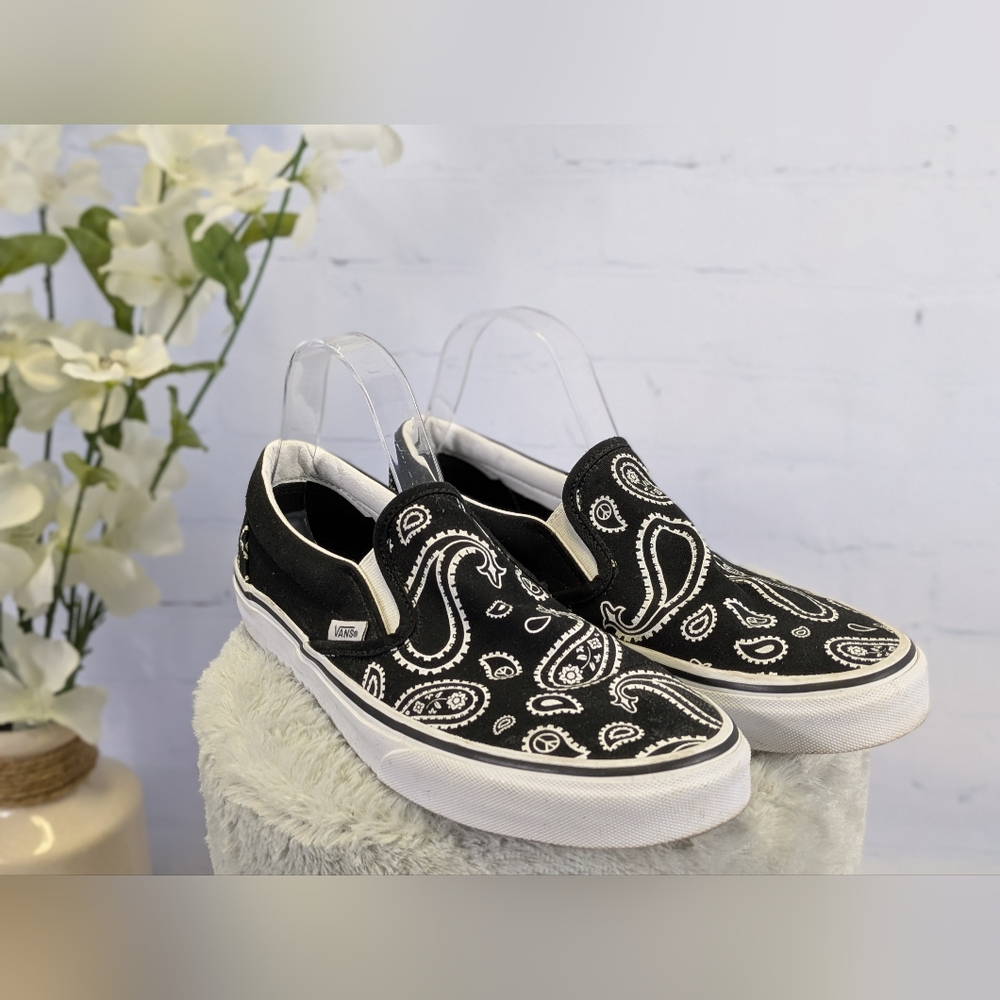Vans Black and White Paisley Slip-On Sneakers